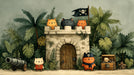 A watercolor style illustration of pirate cats in a jungle guarding a stone castle with a cannon and treasure chest
