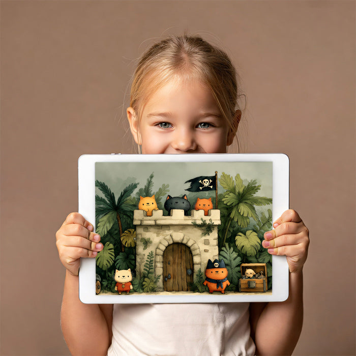 A whimsical playroom with the pirate cat wallpaper covering the main wall behind a toy bin
