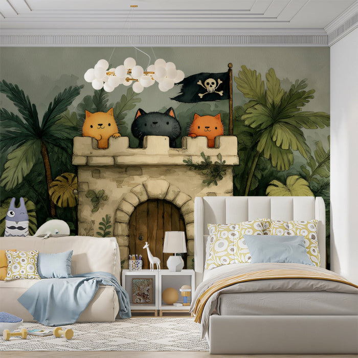 A bedroom for children decorated with the pirate cat castle scene and playful blue accents
