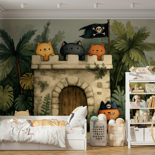 A cozy nursery featuring the pirate cat castle mural behind a white wooden crib