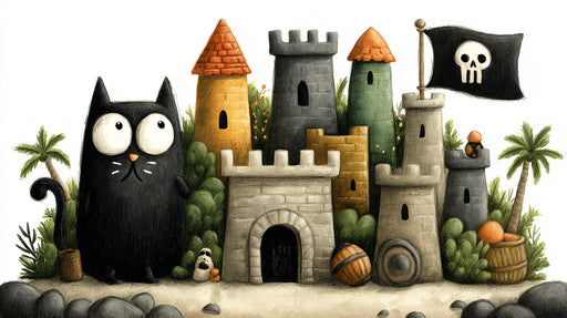 A hand-drawn style mural of a wide-eyed black cat standing guard by a sandcastle fortress with a pirate flag and palm trees.
