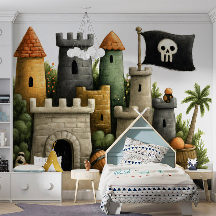 The whimsical castle wall mural displayed in a bright, cozy nursery with soft textures.