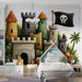 The whimsical castle wall mural displayed in a bright, cozy nursery with soft textures.