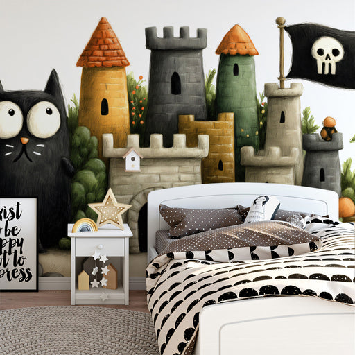 The pirate cat castle mural installed in a colorful boy’s bedroom with wooden furniture.