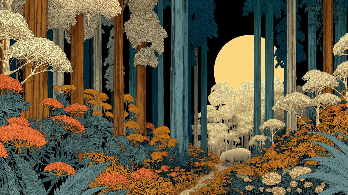 Stylized midnight forest wallpaper featuring an ochre moon, deep charcoal sky, and dense rust and teal flora
