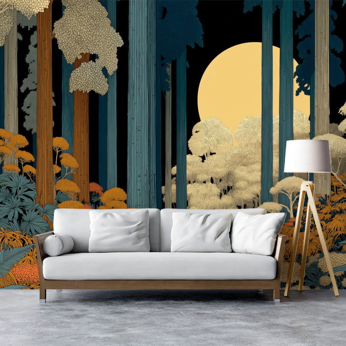 Artistic forest pattern with a moonlit path in a cozy library reading nook setting