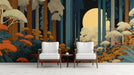 Midnight forest mural installed on a large bedroom feature wall behind a minimalist bed
