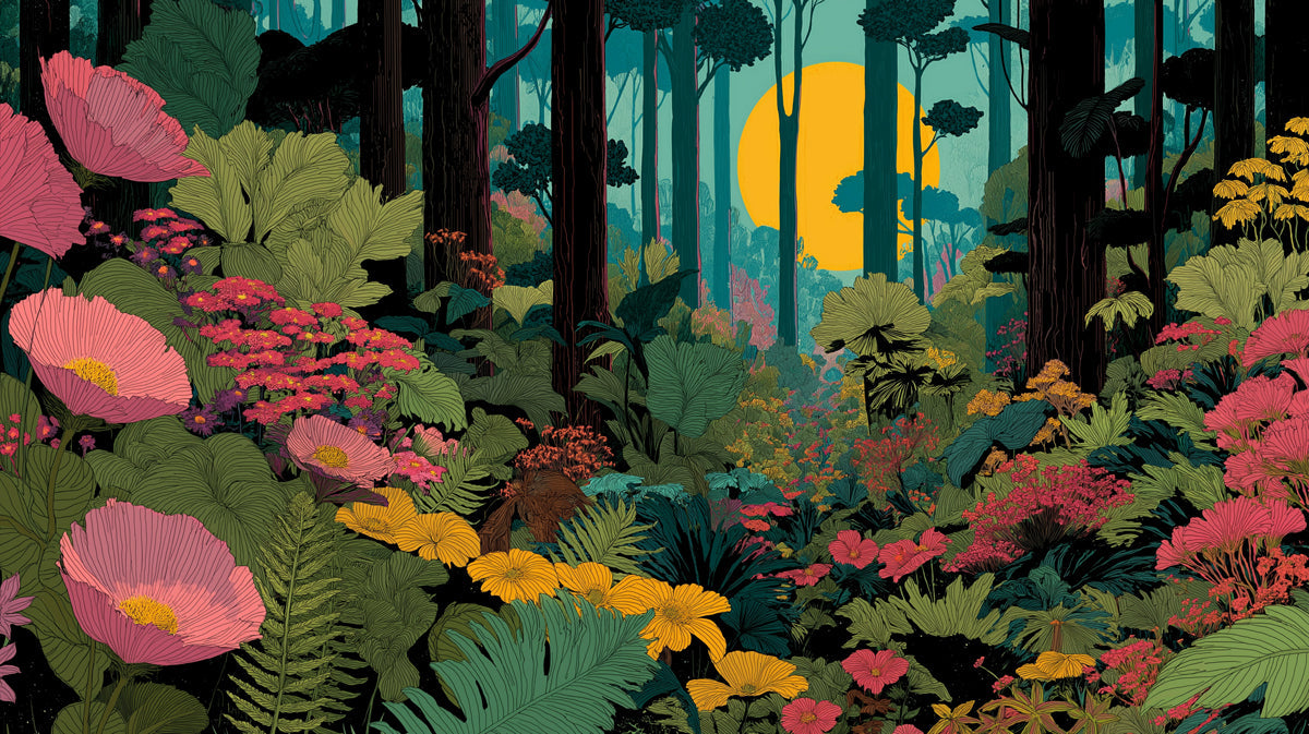 An illustrated forest wallpaper pattern with a large yellow sun, charcoal trees, and bright pink and yellow flowers.