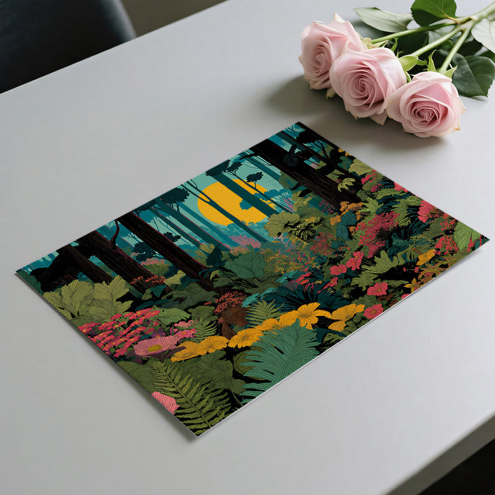 A bright, modern dining room with a statement wall showcasing an artistic sunlit forest mural.