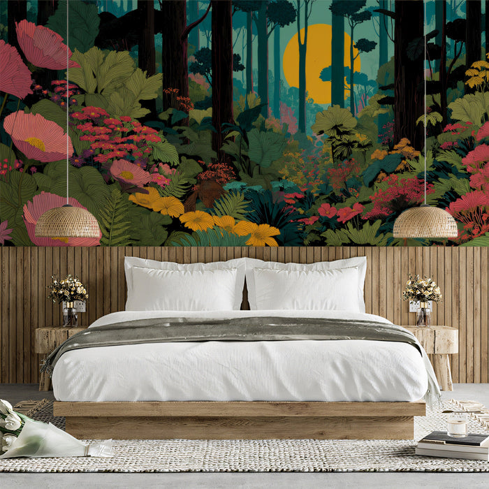 A cozy home office featuring a vibrant forest mural wall and warm wood furniture.