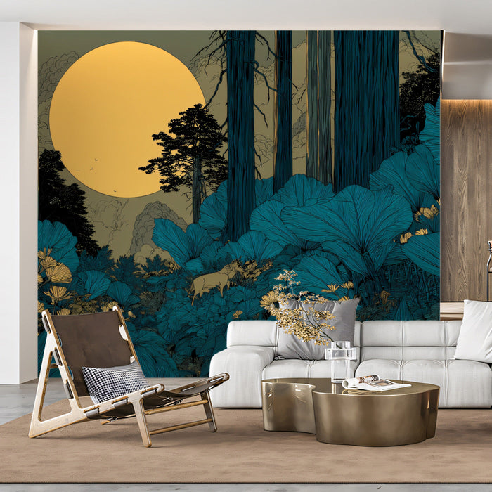 Cozy living room area with a bold, teal-toned forest landscape wallpaper.