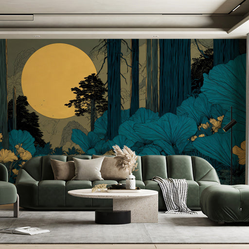 Moody bedroom with a whimsical forest wall mural and warm minimalist lighting.