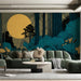 Moody bedroom with a whimsical forest wall mural and warm minimalist lighting.