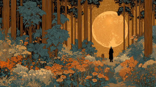 Moonlit forest mural featuring a large golden moon, slate blue flowers, and tall dark brown trees