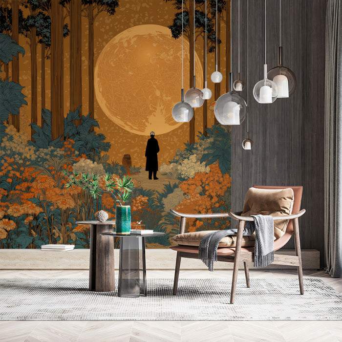 Atmospheric dining room with a dramatic floor-to-ceiling moonlit forest wall mural