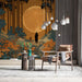 Atmospheric dining room with a dramatic floor-to-ceiling moonlit forest wall mural