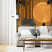 Moody bedroom featuring a large forest landscape mural behind a mid-century modern headboard