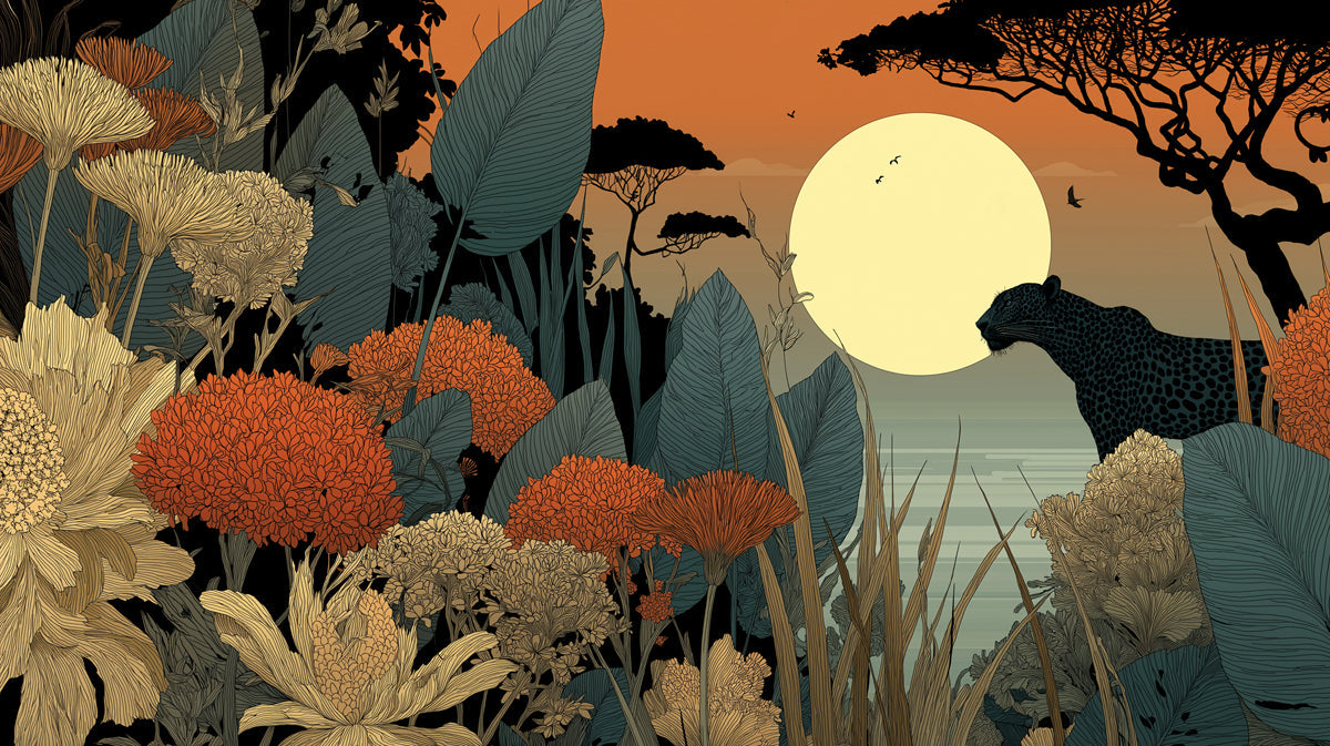 Graphic illustration of a leopard at sunset with orange sky, teal leaves, and intricate floral linework.