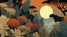 Graphic illustration of a leopard at sunset with orange sky, teal leaves, and intricate floral linework.