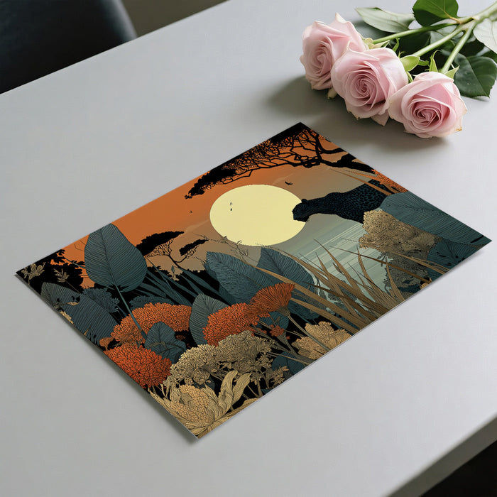 Bedroom wall decorated with the safari sunset mural, accented by warm wooden furniture.