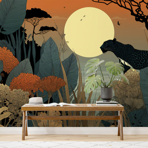 Home office space featuring the leopard and sunset wallpaper as a creative backdrop.