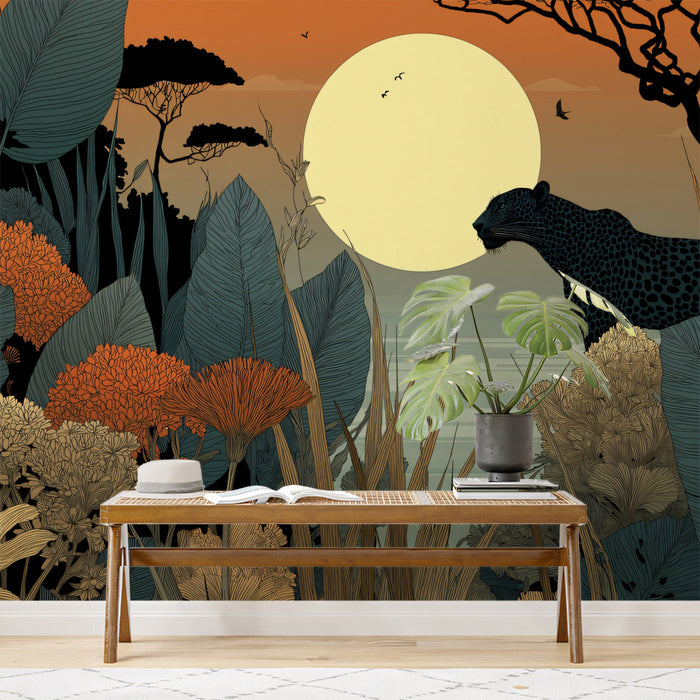 Home office space featuring the leopard and sunset wallpaper as a creative backdrop.