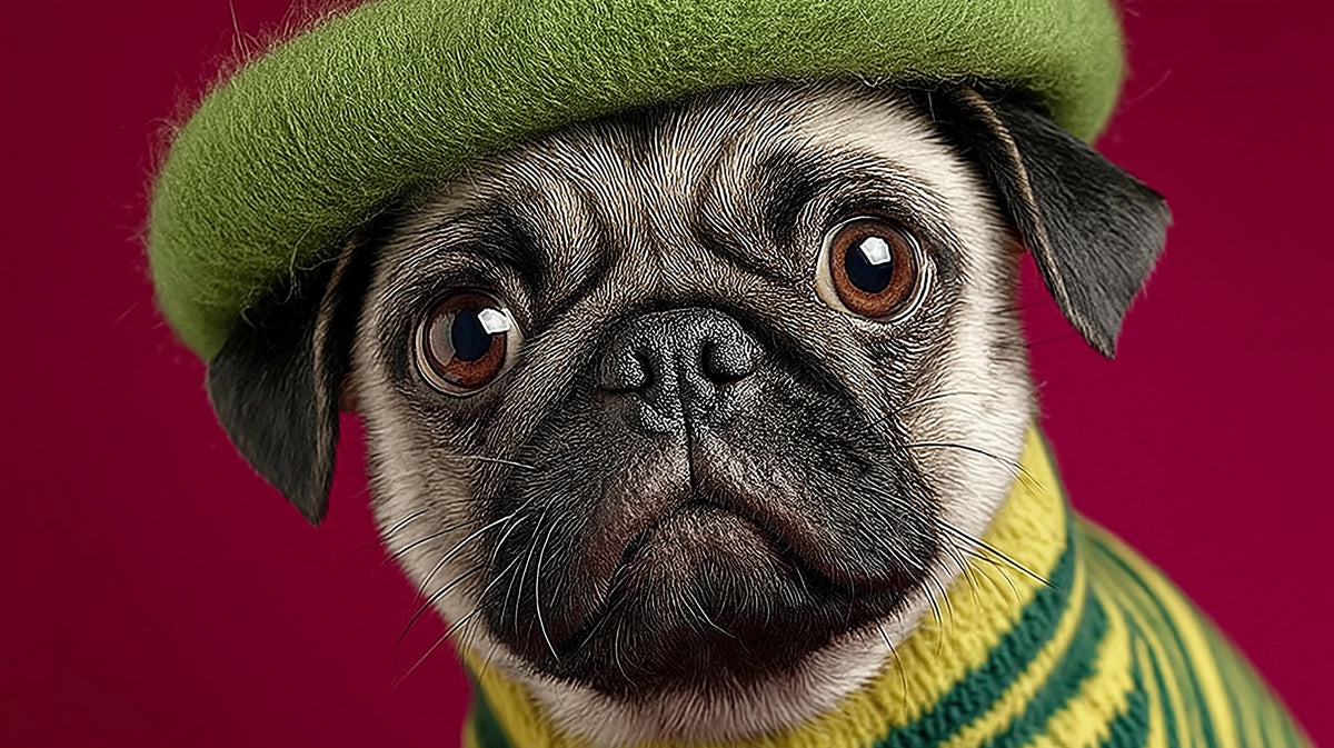 Close up portrait of a pug wearing a green beret and matching striped sweater against a magenta background
