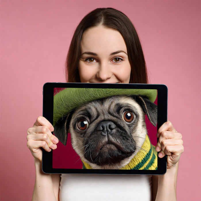 Creative home office corner featuring a colorful pug portrait mural as a unique accent wall