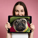 Creative home office corner featuring a colorful pug portrait mural as a unique accent wall