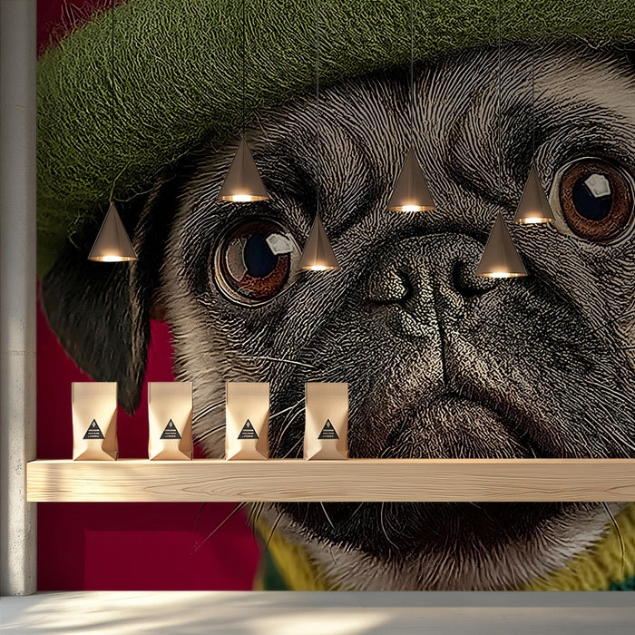 Fun and bright bedroom interior design with a whimsical dog portrait wallpaper behind the headboard