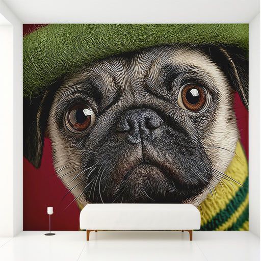 Modern nursery room with a playful pug character wall mural and minimalist wooden furniture