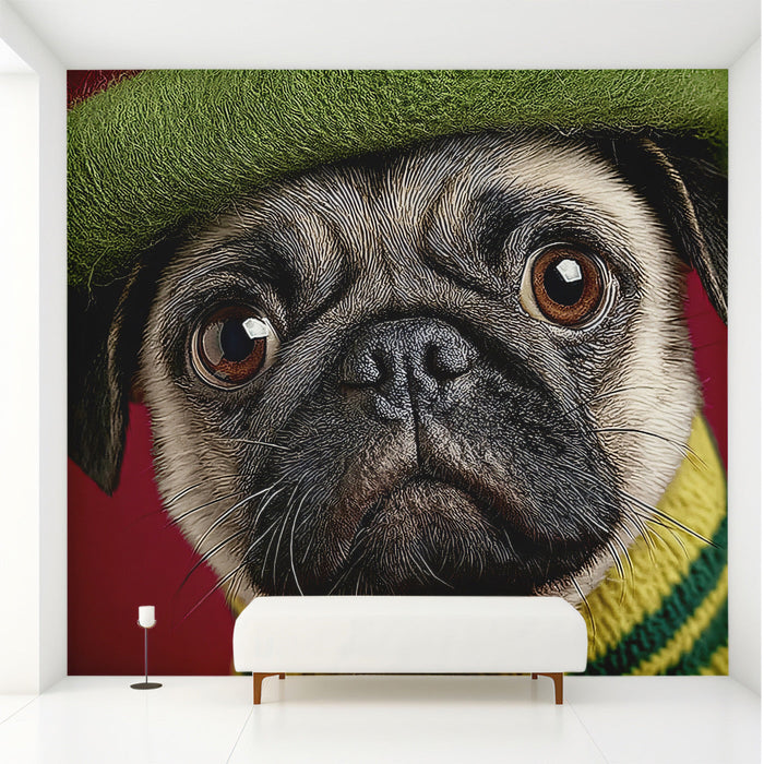 Modern nursery room with a playful pug character wall mural and minimalist wooden furniture