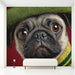 Modern nursery room with a playful pug character wall mural and minimalist wooden furniture