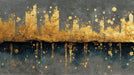 Abstract wallpaper pattern with a jagged line of gold city silhouettes over charcoal and navy plaster textures