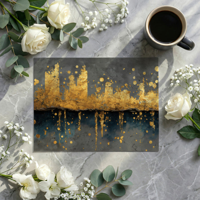 Modern home office with a luxurious metallic gold and dark gray abstract mural on the back wall