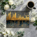 Modern home office with a luxurious metallic gold and dark gray abstract mural on the back wall