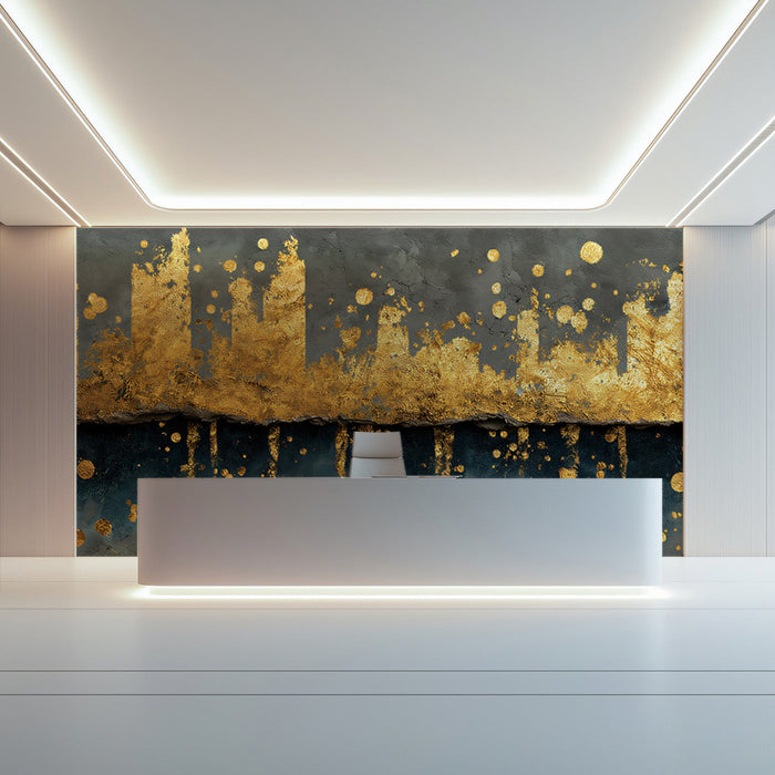 Dining room interior featuring a moody charcoal and gold leaf cityscape wallpaper as a feature wall
