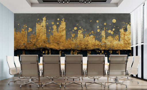 Living room interior featuring a gold and charcoal cityscape mural behind a dark velvet sofa