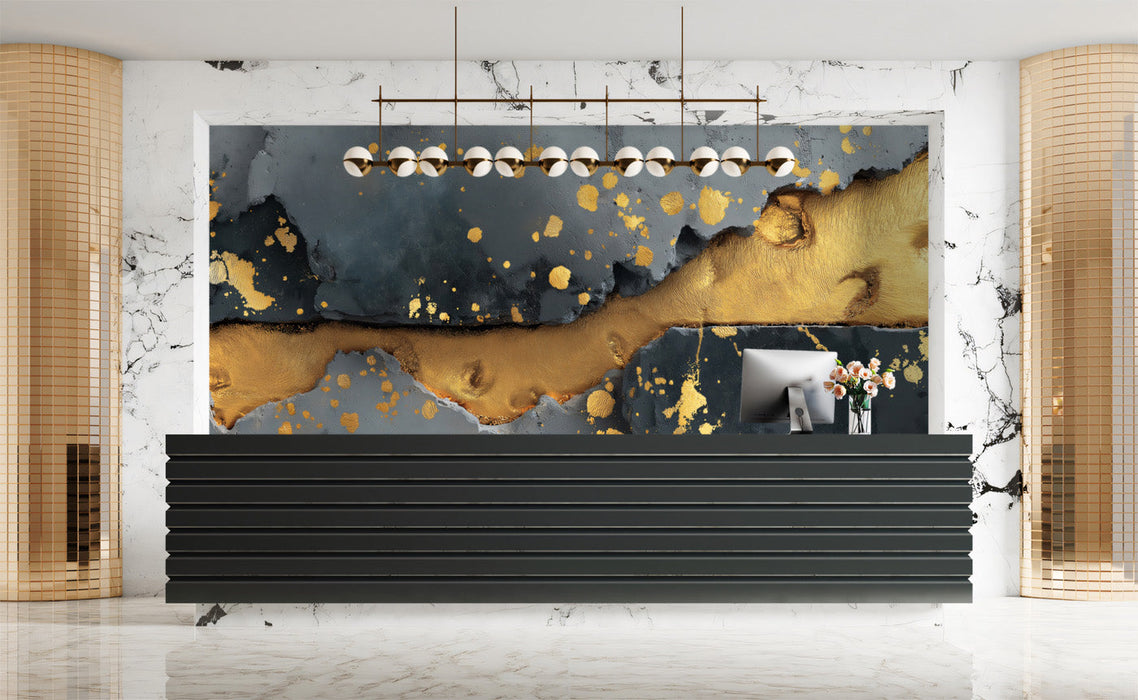Modern living room wall with a bold gold and charcoal abstract concrete mural
