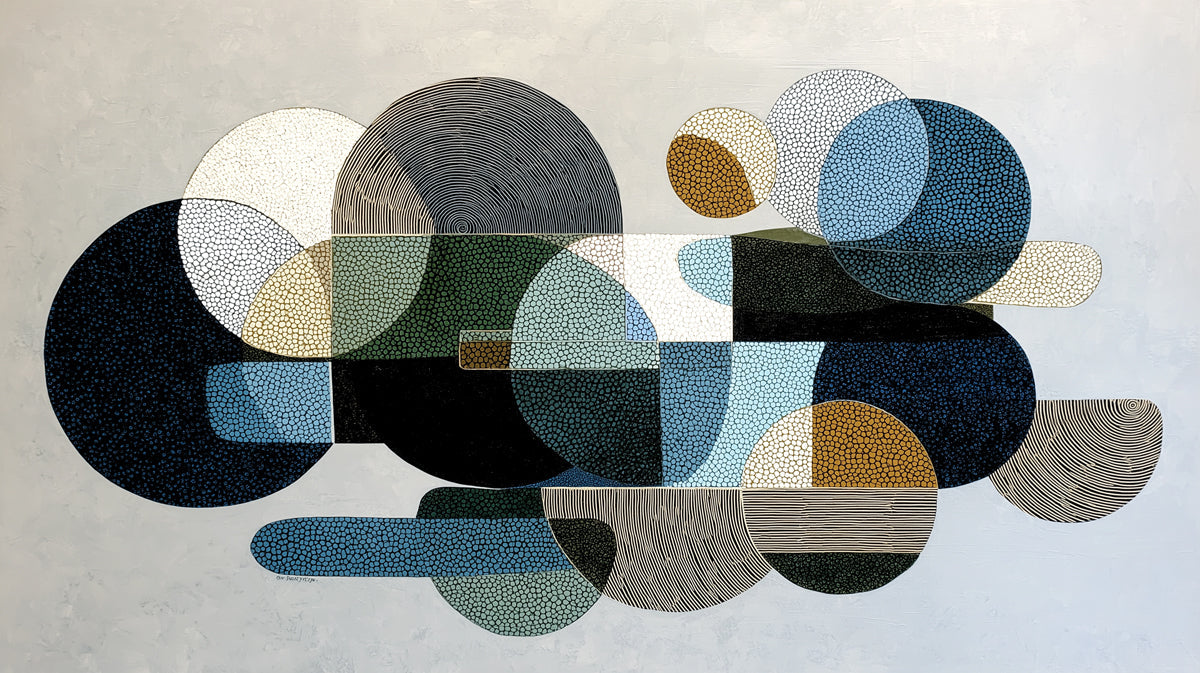 Abstract geometric wallpaper featuring overlapping circles in navy, ochre, and blue with dot and line patterns.