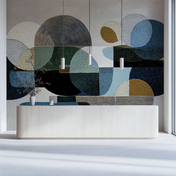 Stylish entryway wall covered in a modern circular pattern mural with a sleek wooden console table.