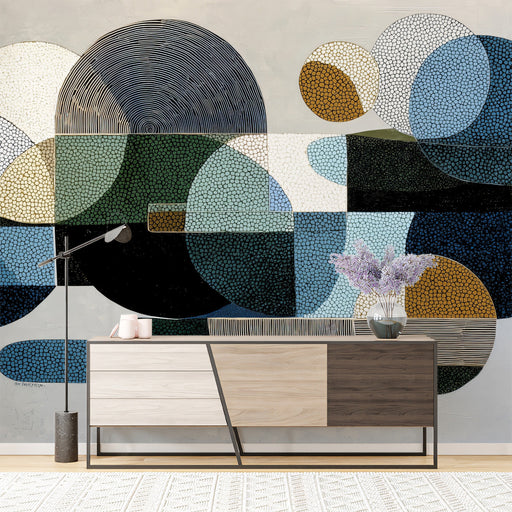 Modern living room featuring an abstract circle mural behind a neutral sofa and minimalist coffee table.