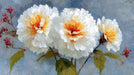Impressionist style wallpaper featuring white and gold peony flowers on a textured slate gray oil-painted background