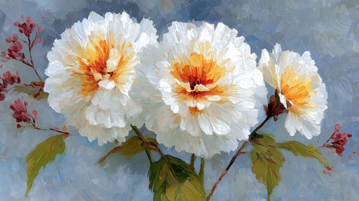 Impressionist style wallpaper featuring white and gold peony flowers on a textured slate gray oil-painted background