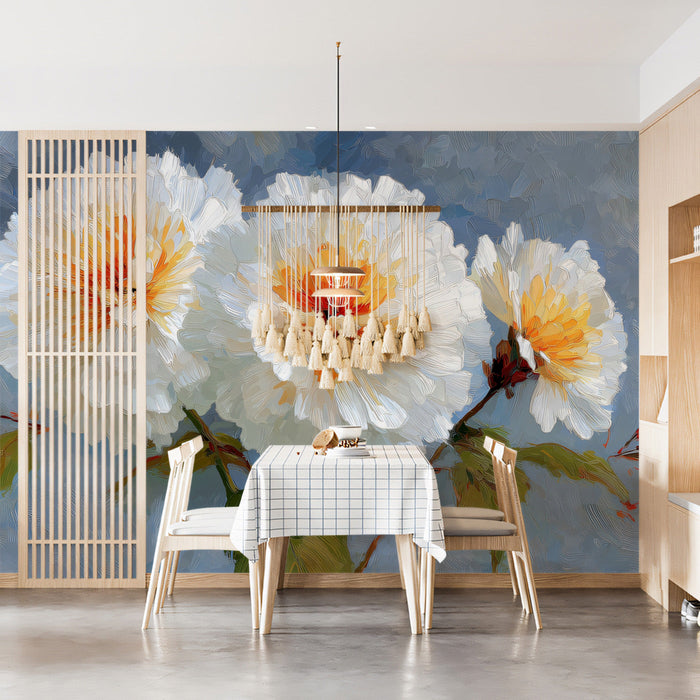 Artistic floral wall mural applied to a home office wall with wooden desk accessories