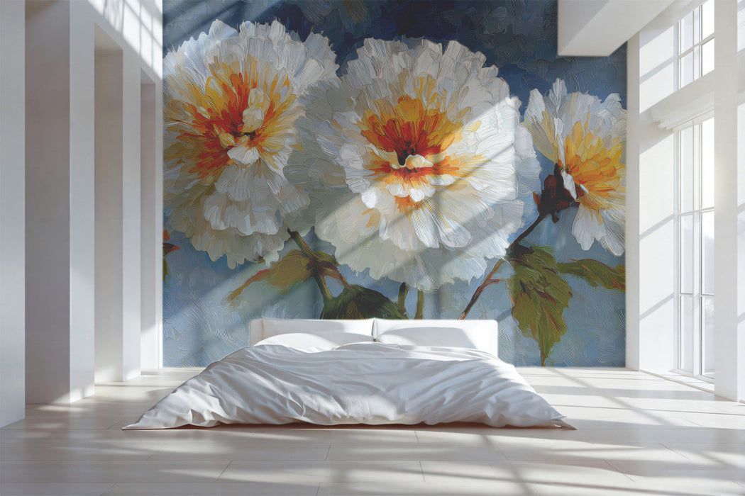 Close-up of a floral peony mural installed in a cozy bedroom with soft ambient lighting