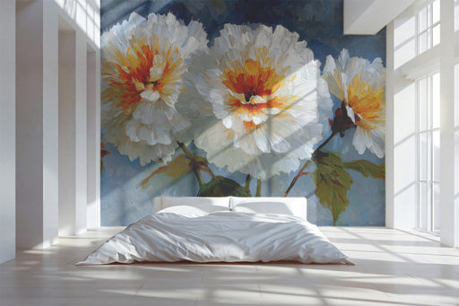 Close-up of a floral peony mural installed in a cozy bedroom with soft ambient lighting