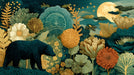 A detailed wallpaper pattern showing a black bear walking through a forest of oversized ochre and teal flowers under a moon