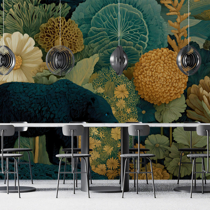 A moody and stylish dining room decorated with a dark forest botanical and bear wallpaper