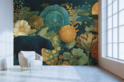 A sophisticated home office featuring a dark, nature-inspired bear and floral mural on a feature wall